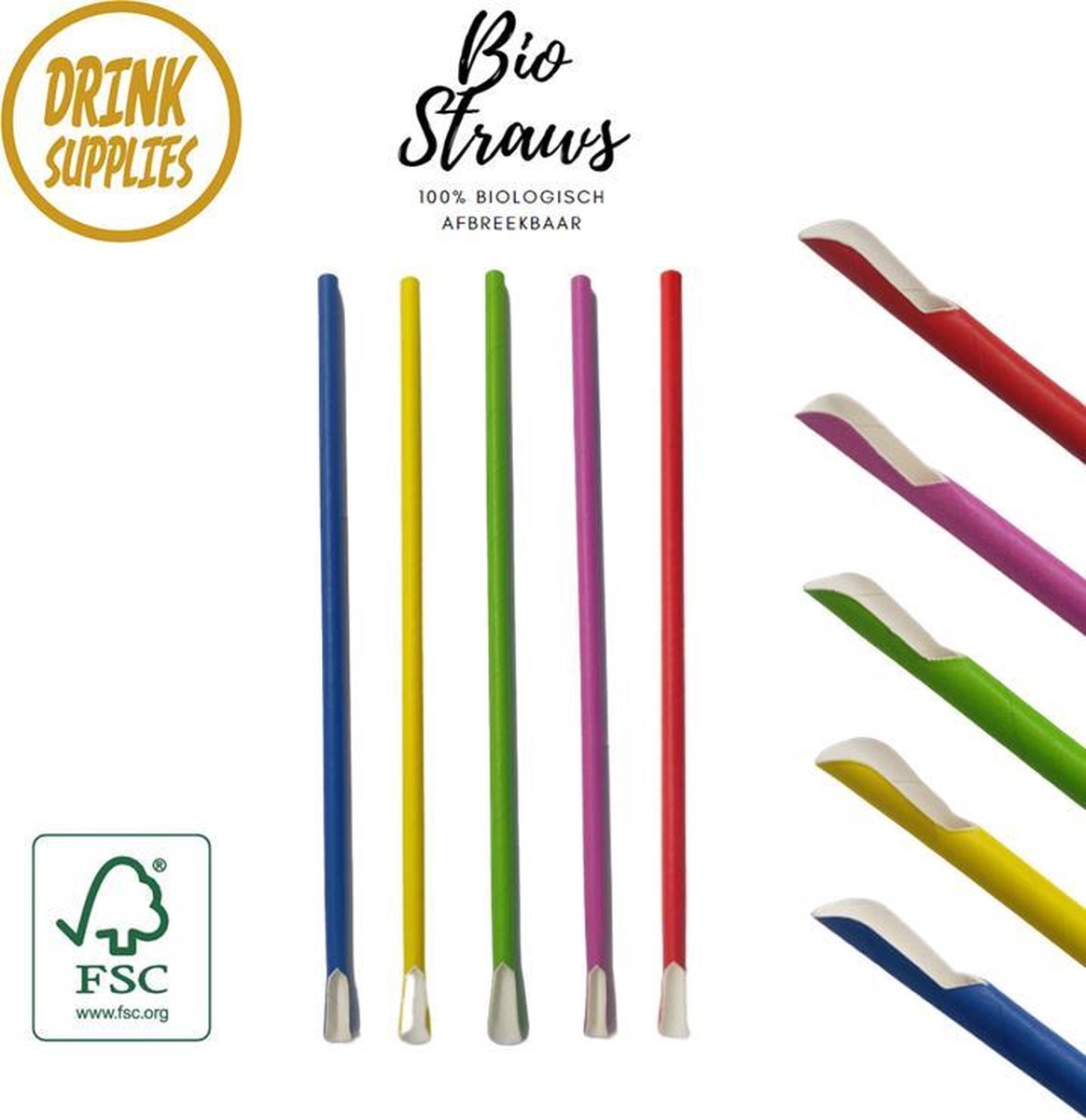 150 Hoogkwalitatieve Bio Straws Color Mix Met Schepje |Gekleurde Bio Drinkrietjes Met Schoepje | 5 Party Kleuren | 100% Biologisch Afbreekbaar | FSC | Recht Rietje | Cocktail | Longdrink | Party | Feest | 24MM/6MM